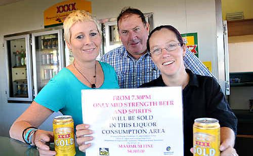 Last call for heavy alcohol: Ria Boustead, Ray Horne and Christine Durrington display the sign that says no full strength drinks are to be sold after 7.30pm in the Cattleman’s Bar. Last call for heavy alcohol: Ria Boustead, Ray Horne and Christine Durrington display the sign that says no full strength drinks are to be sold after 7.30pm in the Cattleman’s Bar.